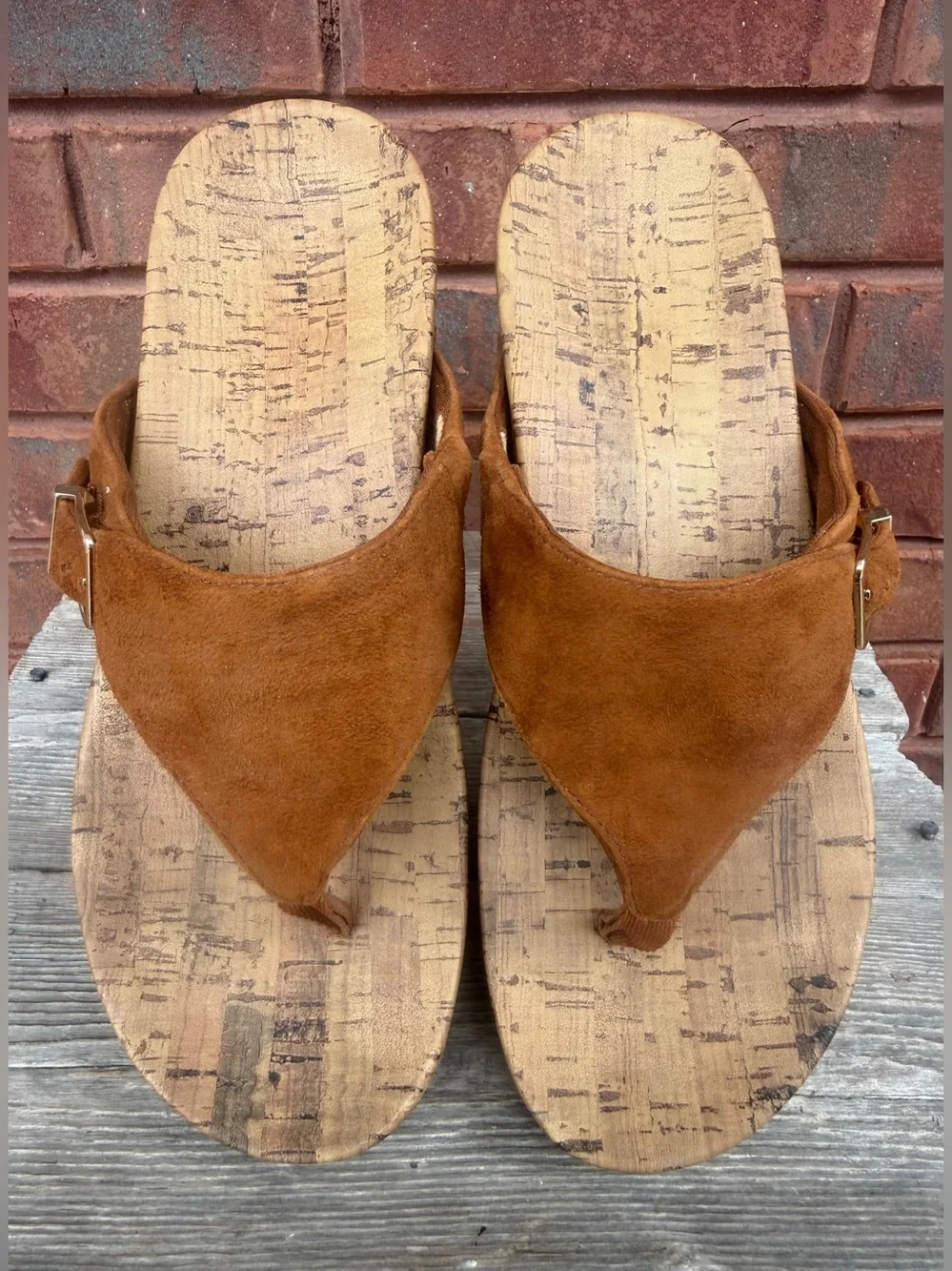 Vionic Marbella Brown Tan Suede Cork Wedge Platform Thong Sandals Women’s Sz 9